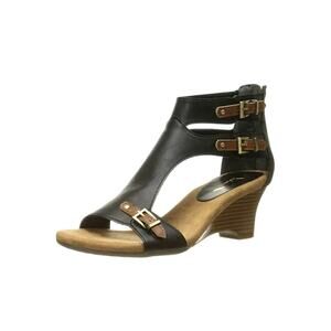 Aerosoles A2 Women's Zenfandel Wedge Sandal Size 8 Black With Brown Buckle